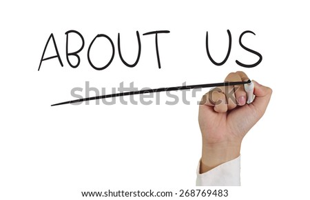 Business concept image of a hand holding marker and write About Us isolated on white