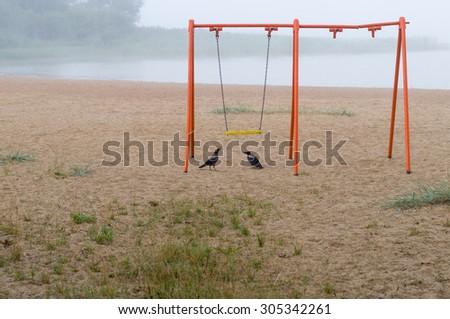 Old orange swing and two crows on the beach, foggy lake on background