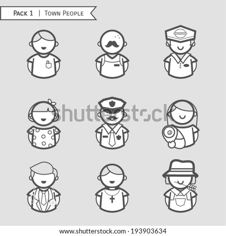 Set town people icon, character people, Occupations. Professions, gray