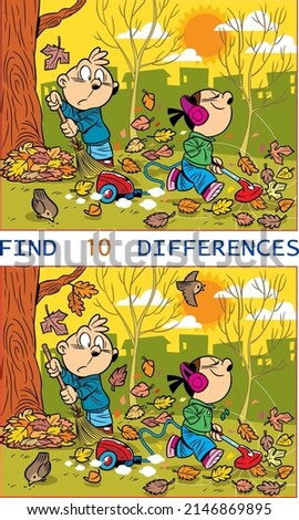 Illustration with a puzzle where you need to find ten differences in the pictures with children removing fallen leaves