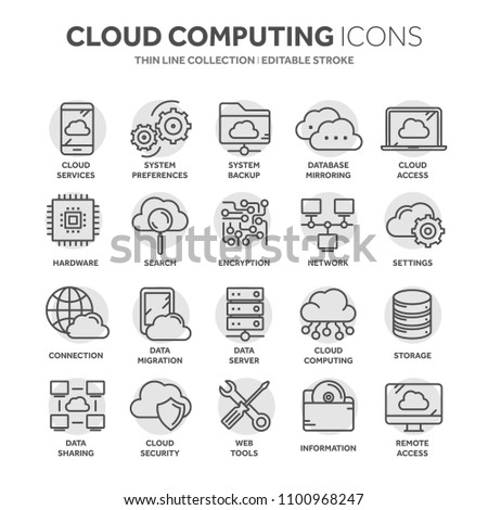 Cloud computing. Internet technology. Online services. Data, information security. Connection. Thin line black web icon set. Outline icons collection.Circle element.