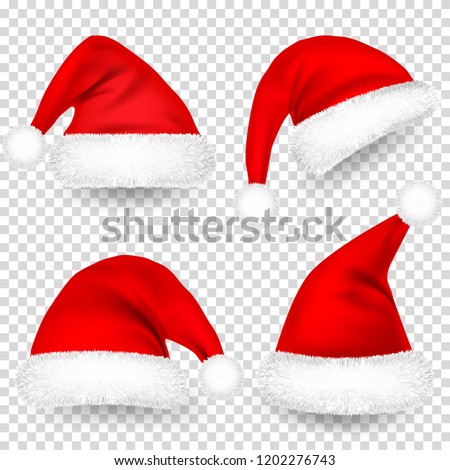 Christmas Santa Claus Hats With Fur and Shadow Set. New Year Red Hat Isolated on Transparent Background. Winter Cap. Vector illustration.