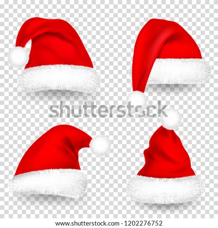 Christmas Santa Claus Hats With Fur and Shadow Set. New Year Red Hat Isolated on Transparent Background. Winter Cap. Vector illustration.