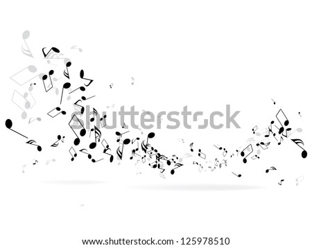 Music notes and shadow.Abstract musical background. Vector illustration.Mensural musical notation.Black notes symbols.Note value.Music staff.