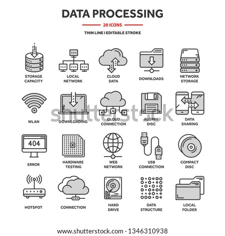 Cloud computing. Internet technology. Online services. Data processing, information security. Connection. Thin line web icon set. Outline icons collection.