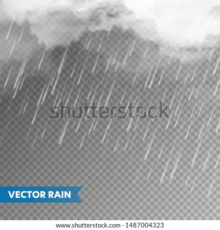 Realistic rain with clouds on transparent background. Rainfall, water drops effect. Autumn wet rainy day. Vector illustration.