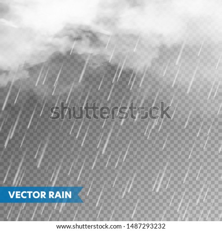 Realistic rain with clouds on transparent background. Rainfall, water drops effect. Autumn wet rainy day. Vector illustration.