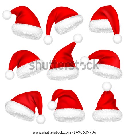 Christmas Santa Claus Hats With Fur Set. New Year Red Hat Isolated on White Background. Winter Cap. Vector illustration.