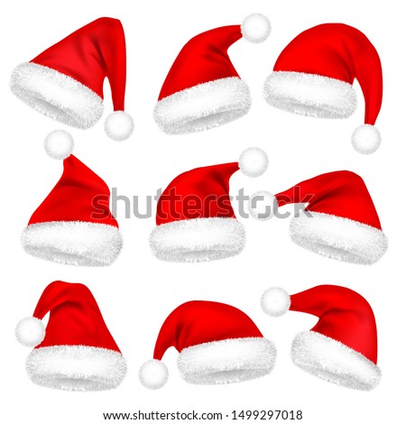 Christmas Santa Claus Hats With Fur Set. New Year Red Hat Isolated on White Background. Winter Cap. Vector illustration.