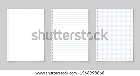 Realistic blank lined paper sheet with shadow in A4 format isolated on gray background collection. Notebook or book page. Design template or mockup. Vector illustration.