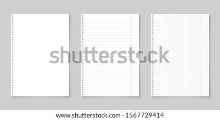 Realistic blank lined paper sheet with shadow in A4 format isolated on gray background collection. Notebook or book page. Design template or mockup. Vector illustration.