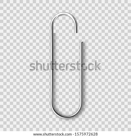 Realistic metal paper clip isolated on transparent background. Page holder, binder. Vector illustration.