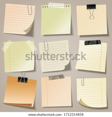 Realistic blank sticky notes with clip binder and adhesive tape. Colored sheets of note papers. Paper reminder. Vector illustration.