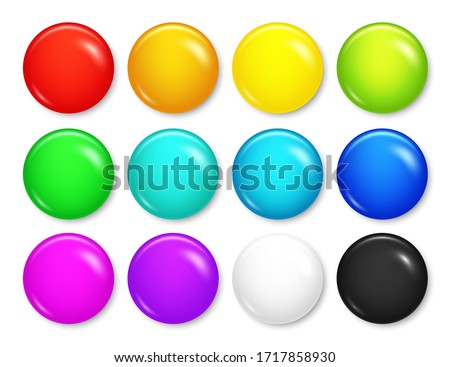 Realistic blank badges collection. Colorful 3D glossy round button. Pin badge mockup. Vector illustration.