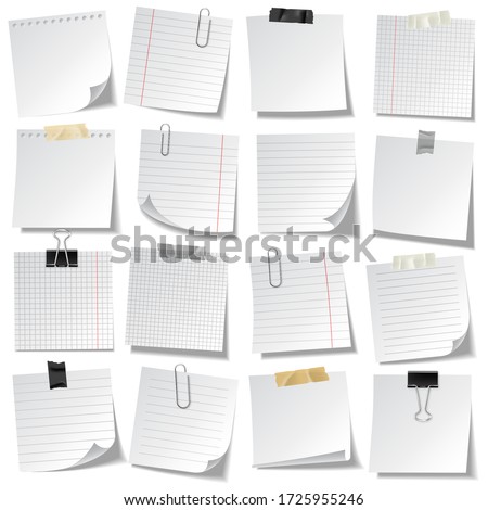 Realistic lined sticky notes with clip binder and adhesive tape. Blank note paper sheets. Information reminder. Vector illustration.