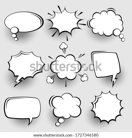Collection of empty comic speech bubbles with halftone shadows. Hand drawn retro cartoon stickers. Pop art style. Vector illustration. Foto stock © 