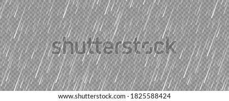 Realistic rain texture on transparent background. Rainfall, water drops effect. Autumn wet rainy day. Vector illustration.