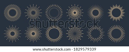 Vintage sunburst collection. Bursting golden sun rays. Fireworks. Logotype or lettering design element. Radial sunset beams. Vector illustration.