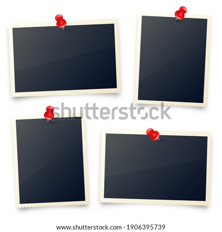 Realistic blank photo card frame, film set. Retro vintage photograph with red push pins. Digital snapshot image. Template or mockup for design. Vector illustration.