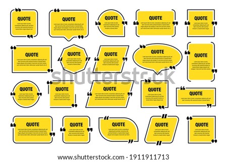 Set of yellow isolated quote frames. Speech bubbles with quotation marks. Blank text box and quotes. Blog post template. Vector illustration. Imagine de stoc © 