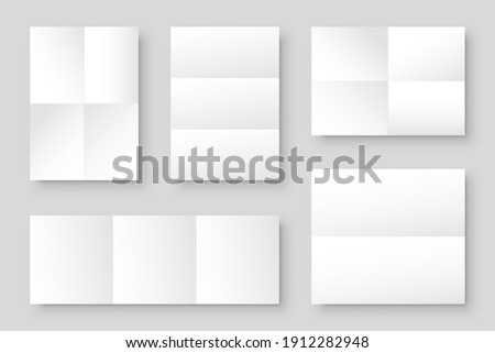 Blank folded paper sheets collection. White notebook or book page. Design template or mockup. Vector illustration.