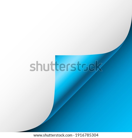 Blue paper curl. Curled page corner with shadow. Blank sheet of paper. Colorful shiny foil. Design element for advertising and promotion. Vector illustration.