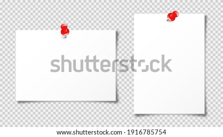 Realistic blank paper sheet in A4 format with red push pin on transparent background. Notebook page, document. Design template or mockup. Vector illustration.