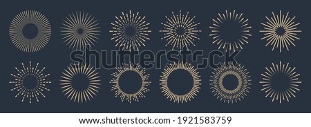 Vintage sunburst collection. Bursting golden sun rays. Fireworks. Logotype or lettering design element. Radial sunset beams. Vector illustration.