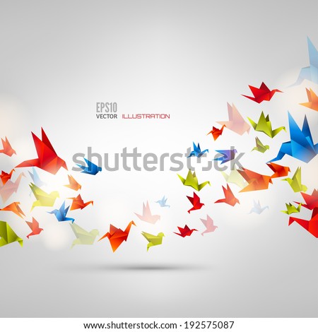 Origami paper bird.Vector illustration.Polygonal shape.Art of paper folding.Japan origami crane,pigeon. Flying bird on abstract background.History of origami.Paper figures in flight.