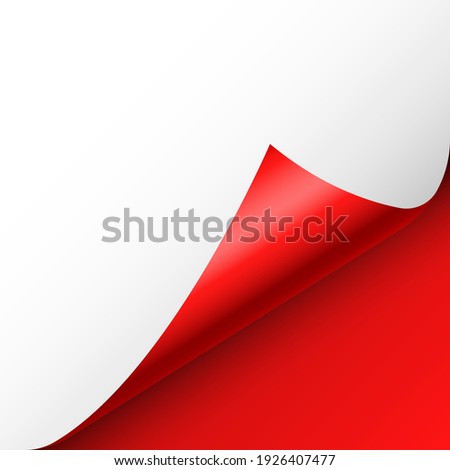 Red paper curl. Curled page corner with shadow. Blank sheet of paper. Colorful shiny foil. Design element for advertising and promotion. Vector illustration.