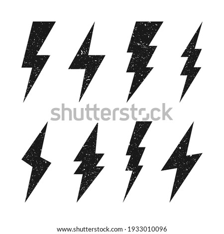 Lightning bolt icons with grunge texture isolated on white background. Vintage flash symbol, thunderbolt. Simple lightning strike sign. Vector illustration. Stock fotó © 