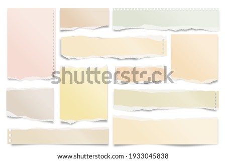 Colorful ripped paper strips isolated on white background. Realistic paper scraps with torn edges. Sticky notes, shreds of notebook pages. Vector illustration.
