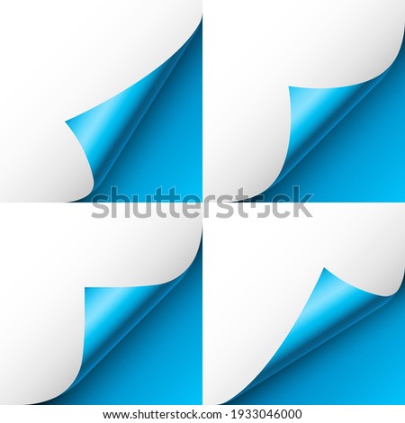 Set of blue paper curls. Curled page corner with shadow. Blank sheet of paper. Colorful shiny foil. Design element for advertising and promotion. Vector illustration.