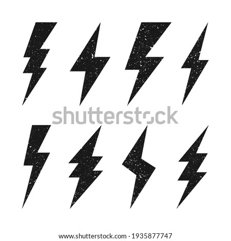 Lightning bolt icons with grunge texture isolated on white background. Vintage flash symbol, thunderbolt. Simple lightning strike sign. Vector illustration. Stock fotó © 
