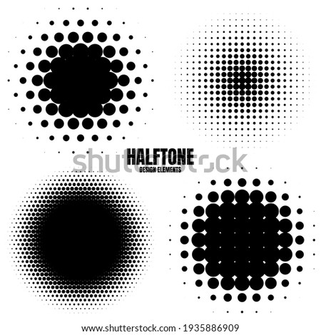 Circle halftone design elements with black dots isolated on white background. Comic dotted pattern.Vector illustration.