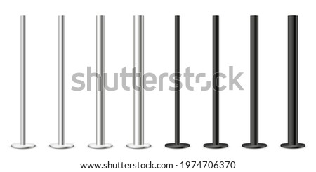Realistic metal poles collection isolated on white background. Glossy steel pipes of various diameters. Billboard or advertising banner mount, holder. Vector illustration.