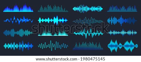 Blue colorful sound waves collection. Analog and digital audio signal. Music equalizer. Interference voice recording. High frequency radio wave. Vector illustration.