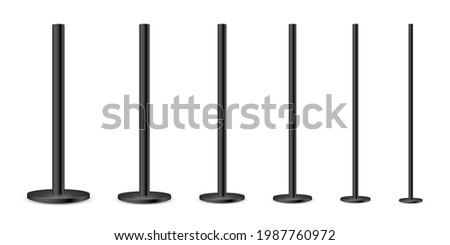 Realistic metal poles collection isolated on white background. Glossy black steel pipes of various diameters. Billboard or advertising banner mount, holder. Vector illustration.