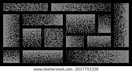 Pixel disintegration, decay effect. Various rectangular elements made of square shapes. Dispersed dotted pattern. Mosaic texture with simple particles. Vector illustration.