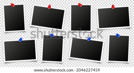 Realistic blank photo card frame, film set. Retro vintage photograph with red and blue push pins. Digital snapshot image. Template or mockup for design. Vector illustration.