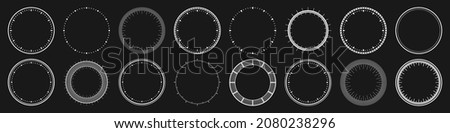 Mechanical clock faces, bezel. White watch dial with minute and hour marks. Timer or stopwatch element. Blank measuring circle scale with divisions. Vector illustration.