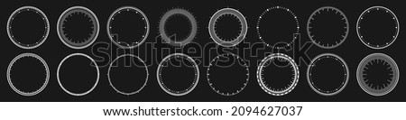 Mechanical clock faces, bezel. White watch dial with minute and hour marks. Timer or stopwatch element. Blank measuring circle scale with divisions. Vector illustration. 商業照片 © 