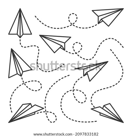 Various hand drawn paper planes. Black doodle airplanes with dotted route line. Aircraft icon, simple monochrome plane silhouettes. Outline, line art. Vector illustration.