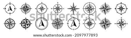 Vintage marine wind rose, nautical chart. Monochrome navigational compass with cardinal directions of North, East, South, West. Geographical position, cartography and navigation. Vector illustration. Stockfoto © 