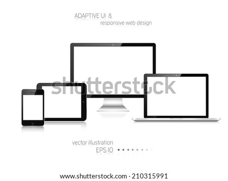 Responsive web design. Adaptive user interface. Digital devises. Laptop, tablet, monitor, smartphone. Web site template concept.