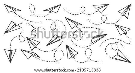 Various hand drawn paper planes. Black doodle airplanes with dotted route line. Aircraft icon, simple monochrome plane silhouettes. Outline, line art. Vector illustration.