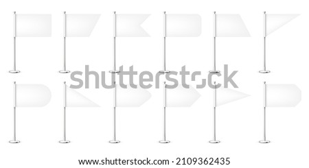 Realistic various table flags on a chrome steel pole. White blank desk flag made of paper or cloth. Shiny metal stand. Mockup for promotion and advertising. Vector illustration