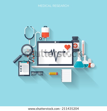 Flat health care and medical research background. Healthcare system concept. Medicine and chemical engineering.