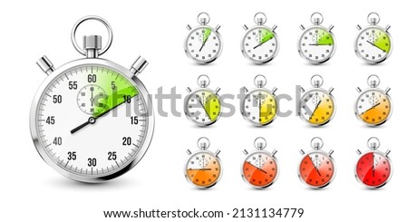 Realistic classic stopwatch icons. Shiny metal chronometer, time counter with dial. Red countdown timer showing minutes and seconds. Time measurement for sport, start and finish. Vector illustration