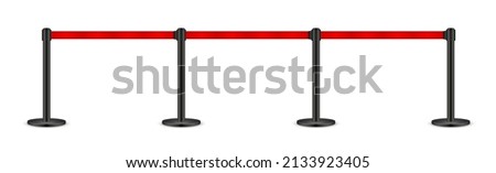 Realistic vector retractable belt stanchion. Crowd control barrier posts with caution strap. Queue lines. Restriction border and danger tape.